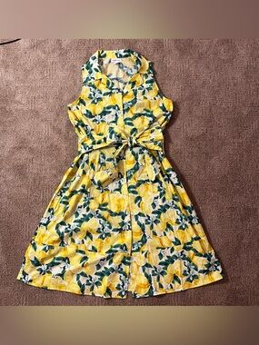 Sleeveless Yellow Lemon Print Tie-Waist Dress